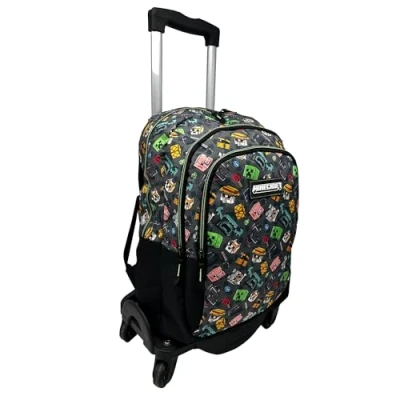 Afbeelding van Minecraft Sac à dos scolaire Pixel 25 double compartiment adaptable + chariot noir TOYBAGS avec protection latérale et stopper avant anti chute 4 roues pivotantes 44 x 30 20 cm, multicolore, M,