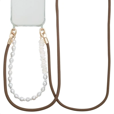 Afbeelding van Selencia Universeel Telefoonkoord with Pearls Telefoon Ketting GSM Koord geschikt voor iPhone en Samsung Mocha Brown