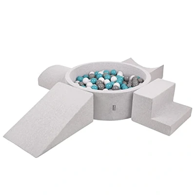 Afbeelding van KiddyMoon Schuim Speelplein met rond ballenbad (200 ballen) voor kinderen, licht grijs: Grijs/Wit/Turquoise