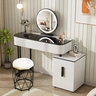 Afbeelding van WOLTU make uptafel met verlichting en kruk, upstation tafelblad van gehard glas, 2 laden, 1 beweegbare kast, flexibele montage, 100 x 40 cm, uptafel, wit + zwart