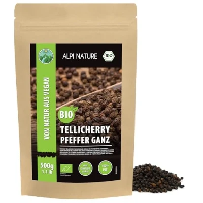 Afbeelding van biologische tellicherry zwarte peper (500 g), peperkorrels van gecontroleerde teelt, laboratoriumgetest, 100% zuiver en natuurlijk