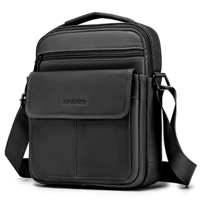 Afbeelding van SPAHER Herentas, leer, schoudertas, grote schoudertas voor heren, zakelijke tassen, handtassen, reistas, iPad, 28 cm