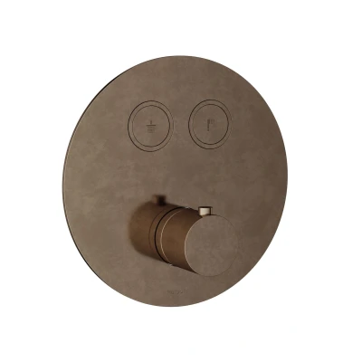 Afbeelding van HotBath Cobber PB009 rond afbouwdeel voor inbouwthermostaat met 2 pushbuttons Verouderd Messing