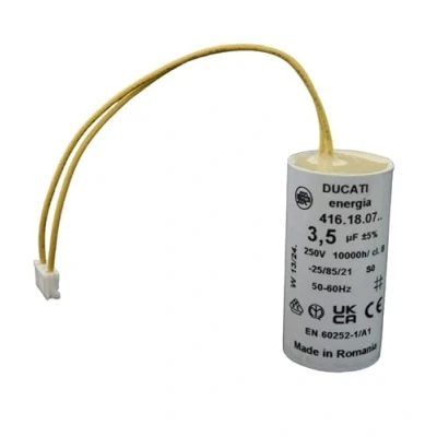 Afbeelding van condensator 3,5 uF met connectoren, voor Bubendorff rolluikmotor, cilindrisch reparatie, hoge kwaliteit en lange levensduur, platte bodem, 250 V, Ducati Energia
