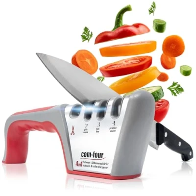 Afbeelding van COM FOUR® Premium 4 traps messenslijper, ook geschikt voor scharen, professionele handmatige messenslijper (1 stuk zilvergrijs rood)