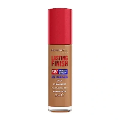 Afbeelding van Rimmel Lasting Finish Foundation 35 uur 420 warme karamel, volledige dekking, hydraterend, SPF20, hyaluronzuur, vitamine E, 2% niacinamide, houdt de hele dag, veganistisch, zonder