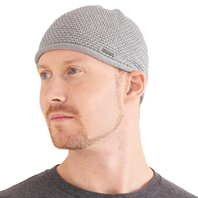 Afbeelding van Kufi Herenhoed, korte muts, schedelmuts van 100% katoen, Marokkaanse hoed voor islam, gebreide schedel, chemobeanie of moslimrozenkrans, grijs.