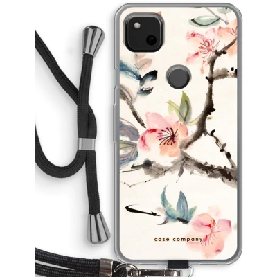 Afbeelding van Case Company® hoesje met Koord geschikt voor Google Pixel 4a Japanse bloemen Telefoonhoesje Zwart Bescherming aan alle Kanten en Over de Schermrand