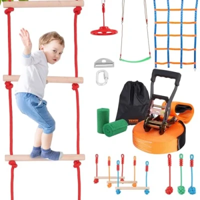 Afbeelding van VEVOR Ninja Slackline klimset voor kinderen, hindernisbaan, 2 x 15,24 m, belasting 226,8 kg, 10 obstakels, speeluitrusting buiten, met klimnet Monkey Bar binnenplaats, tuin