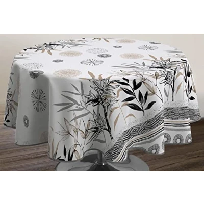Afbeelding van Le linge de Jules Stevia Tafelkleed, vuilafstotend, rond, 160 cm, zwart/beige/grijs/ecru