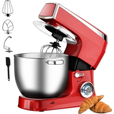 Afbeelding van Royalty Line® PKM2100 Keukenmachine Keukenrobot 2100W Keukenmixer Met 6 Snelheidsstanden + LED, incl. Garde / Kneedhaak Klopper en Pannenlikker, Spatscherm &amp; RVS Mengkom 7.5 L Rood