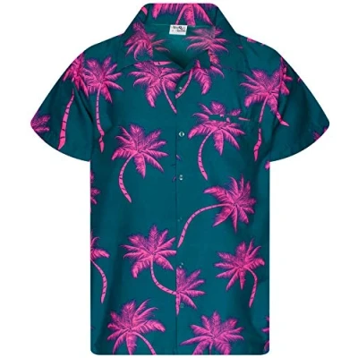 Afbeelding van King Kameha Funky Hawaiiaans overhemd voor heren, korte mouwen, met voorzak, palmpatroon, petrolgroen roze