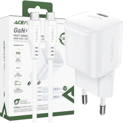 Afbeelding van Acefast A77 Mini PD 30W GaN wandlader + USB C kabel wit