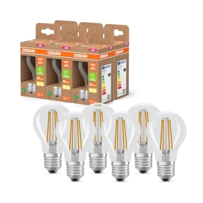 Afbeelding van Osram LED Classic Lampe mit Filament in klassischer Kolbenform, klarer Glasleuchtkörper, 3.8 W, E27 Fassung, EEK A, 806 lm für die Allgemeinbeleuchtung, 6 Pack, Blanc Chaud