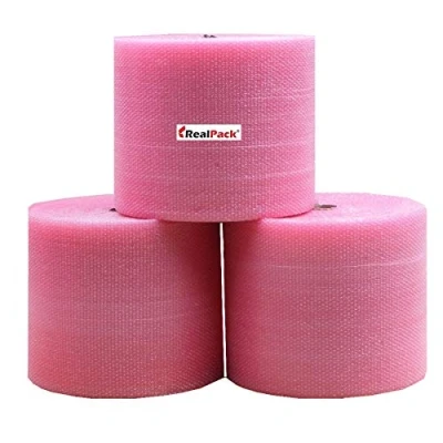 Afbeelding van Realpack Luchtkussenfolie, recyclebaar, antistatisch, milieuvriendelijk, 300 mm, 500 750 mm x 50 m, roze