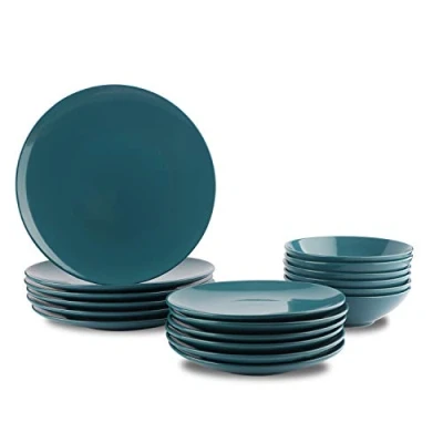 Afbeelding van Amazon Basics 18 delig tafelservies van aardewerk, voor 6 personen, donkerblauw, blauw