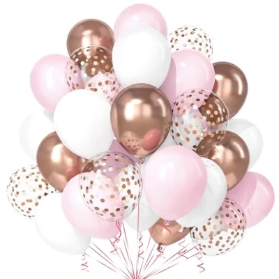 Afbeelding van Teselife 30 stuks roze en witte ballonnen van 30,5 cm, roségoud, metallic confettiballonnen met lint, voor verjaardag, babyshower, bruiloft,