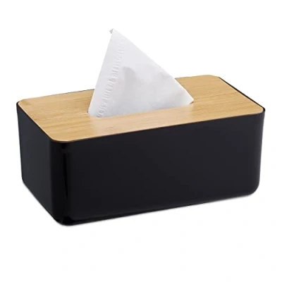Image de Relaxdays Boîte à mouchoirs, Rechargeable, Salle de Bain, Distributeur lingettes, Couvercle en Bambou, Plastique, 10x23x13 cm, Noir/Nature