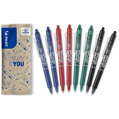 Afbeelding van Pilot Frixion Clicker Gelpen, navulbaar, met drukmechanisme en thermogevoelige inkt, middelgroot, blauw, zwart, groen, 8 stuks