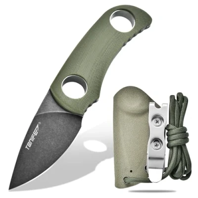 Afbeelding van TONIFE mes met vast lemmet 4,7 cm, mini nekmes Kydex hoes en koord, draagbaar EDC voor outdoor survival (groen + zwart oxide dan Stonewash)