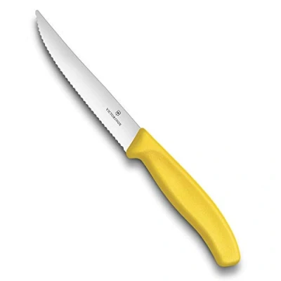 Afbeelding van Victorinox, 6.7936.12L8B, Swiss Classic, steak en pizzamesser, extra scherpe rand, met spiraalsluiting, robuuste kunststof handgreep, geel, gemaakt in Zwitserland, vaatwasmachinebestendig