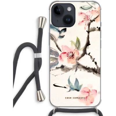 Afbeelding van Case Company® hoesje met Koord geschikt voor iPhone 14 Japanse bloemen Telefoonhoesje Zwart Extra Bescherming aan alle Kanten en Over de Schermrand