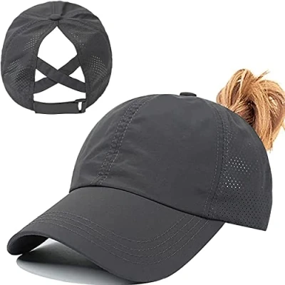 Afbeelding van Paardenstaart honkbalpet dames zomer verstelbaar sneldrogend mesh ademende unisex criss cross hoeden sport muts, Donkergrijs, One Size