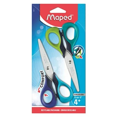 Afbeelding van Maped Set van 2 paar Sensoft schaar, 13 cm, kinderschaar met symmetrische ringen, zachte binnenkant, schoolschaar vanaf 4 jaar, blauw + groen