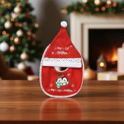 Afbeelding van kerst Baby Slabbetje met Muts Pinguin Mijn eerste
