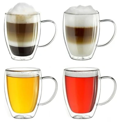 Afbeelding van Creano Theeglas, koffieglas, latteglas, dubbelwandig, thermisch glas, met handvat, groot, van borosilicaatglas, 4 x 400 ml