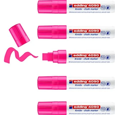 Afbeelding van edding 4090 vloeibare krijtmarkeerstift, fluorescerend roze, 5 vloeibaar krijt, 4 15 mm, afwasbare krijtviltstift om op schijven te beschrijven, glas, leisteenkrijt vilt in ondoorzichtige kleuren