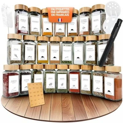 Afbeelding van COMFORDER Vierkante kruidenpotjes (24 stuks) met schenktuit en etiketten + trechter, glazen pot bamboedeksel, 120 ml