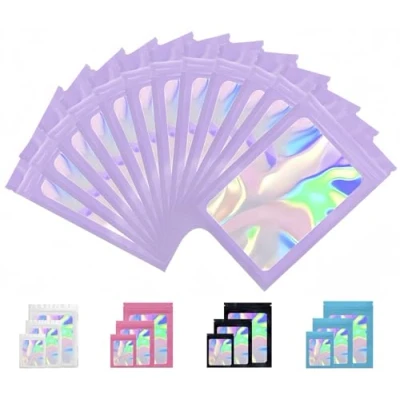 Afbeelding van Rimiko Kunststof zakjes met ritssluiting, van aluminium, hersluitbaar transparante zijde in hologram stijl, herbruikbare voedseltas, geurremmend, mylar zakjes, 100 stuks, 8 x 13 cm, paars en holografisch