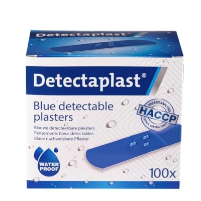Afbeelding van Detectaplast blauwe pleisters Universal, metaaldetecteerbare, waterdichte en vuilwerende sensitive, voor de voedingsindustrie, catering grootkeuken, 25 x 72 mm, 100 stuks