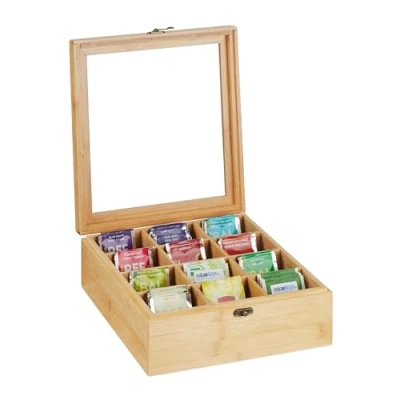 Afbeelding van theedoos 12 vaks bamboe 9,5x26,5x28,5 cm met deksel