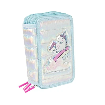 Afbeelding van Girabrilla Nice Group 19025 Big Puffer etui, Tiffany etui met eenhoorn 3 vakken, voor school, kinderen, donseffect, turquoise, één maat