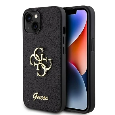Afbeelding van Guess 4G Logo Glitter Back Case Geschikt voor Apple iPhone 15 (6.1&quot;) Zwart