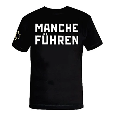 Afbeelding van Rammstein T shirt met opschrift &quot;Führen Manche Folgen Folgen&quot; zwart officieel band print op borst en rug, zwart.