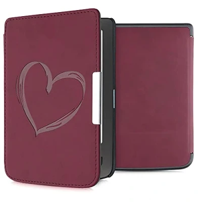Afbeelding van kwmobile e reader hoesje geschikt voor Pocketbook Touch Lux 3/Basic Lux/Basic 2 hoes Ereader flip case met standaard Kunstleren cover Brushed Hart design in donkerrood