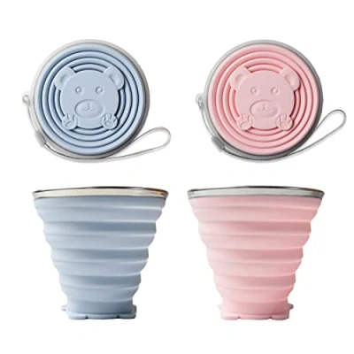 Afbeelding van 2 stuks opvouwbare bekers, beker siliconen, draagbare campingbekers, BPA vrij, reisbekers met kunststof afdichtingsdeksel, voor picknick, camping, wandelen, reizen, blauw