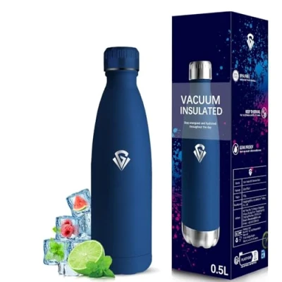 Afbeelding van Grsta 500 ml thermosfles, BPA vrij, roestvrijstalen fles, lekvrij, 0,5 liter 18/8 roestvrij staal, metalen fles voor scholen, camping, reizen, donkerblauw
