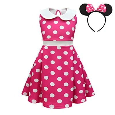 Afbeelding van Lito Angels Minnie Mouse jurk met muisoren, haarband voor kinderen, meisjes, maat 3 4 jaar (etiket van stof 110), B gestippeld warmroze