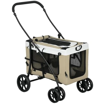 Afbeelding van PawHut poussette 2 en 1 pliable pour chien et chat jusqu&#039;à 10 kg avec coussin, fenêtres filet, portes, panier de rangement, chat, kaki