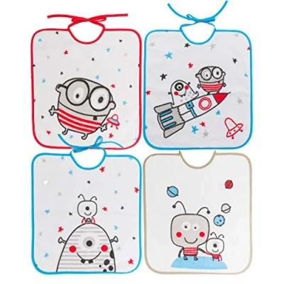 Afbeelding van Ti TIN, Set van 4 slabbetjes, bedrukt, waterdicht, 33 x 36 cm, 90% katoen, 10% polyester, slabbetjes voor baby&#039;s vanaf 1 jaar, gesp, sluitband, vinylvoering, motief astronaut/ruimte, 320 g/m²