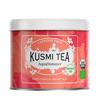 Image de Kusmi Tea AquaSummer Infusion Bio Mélange d&#039;Hibiscus et de Fruit Saveur Pêche Abricot À Déguster Chaud ou en Thé Glacé sans Théine Boîte Métal 100g pour environ 50 Tasses
