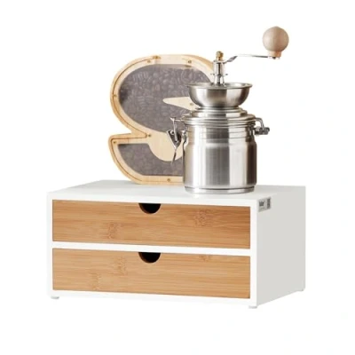 Afbeelding van SoBuy FRG180 WN MDF bamboe koffiecapsulebox met 2 laden opbergdoos capsuledispenser lade bureau organizer