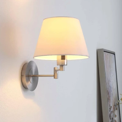 Afbeelding van Lindby Wandlamp 1licht metaal, stof H: 29 cm E27 gesatineerd nikkel, wit
