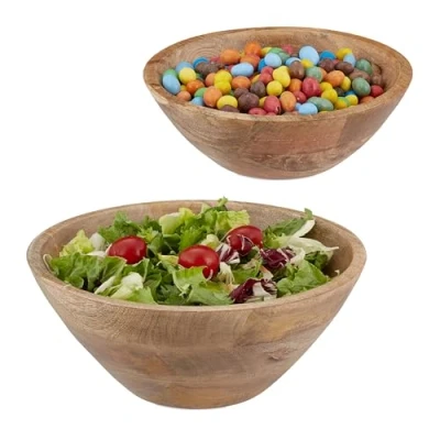 Afbeelding van Relaxdays houten saladeschaal set van 2 ronde serveerschaal fruitschaal mangohout