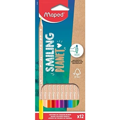 Image de Maped Crayons de Couleur Smiling Planet en Bois Naturel 12 dessin pour Enfants Crayon Coloriage Triangulaire Ergonomique Pochette Certifiés FSC