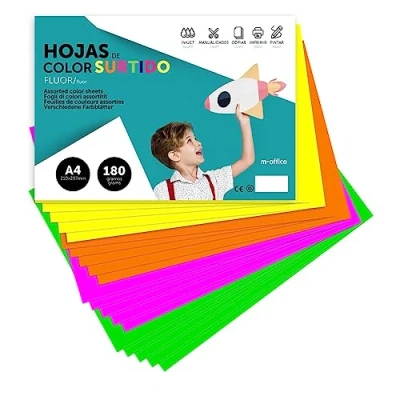 Afbeelding van Kleurenkarton, A4 karton, verschillende neonkleuren, 180 g kleurenvellen om te knutselen, afdrukken van documenten en creatieve ontwerpen, · m office (x500